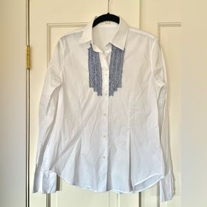 Allegra Brook White Button Down Shirt with Blue ruffle Embellishments, size 44